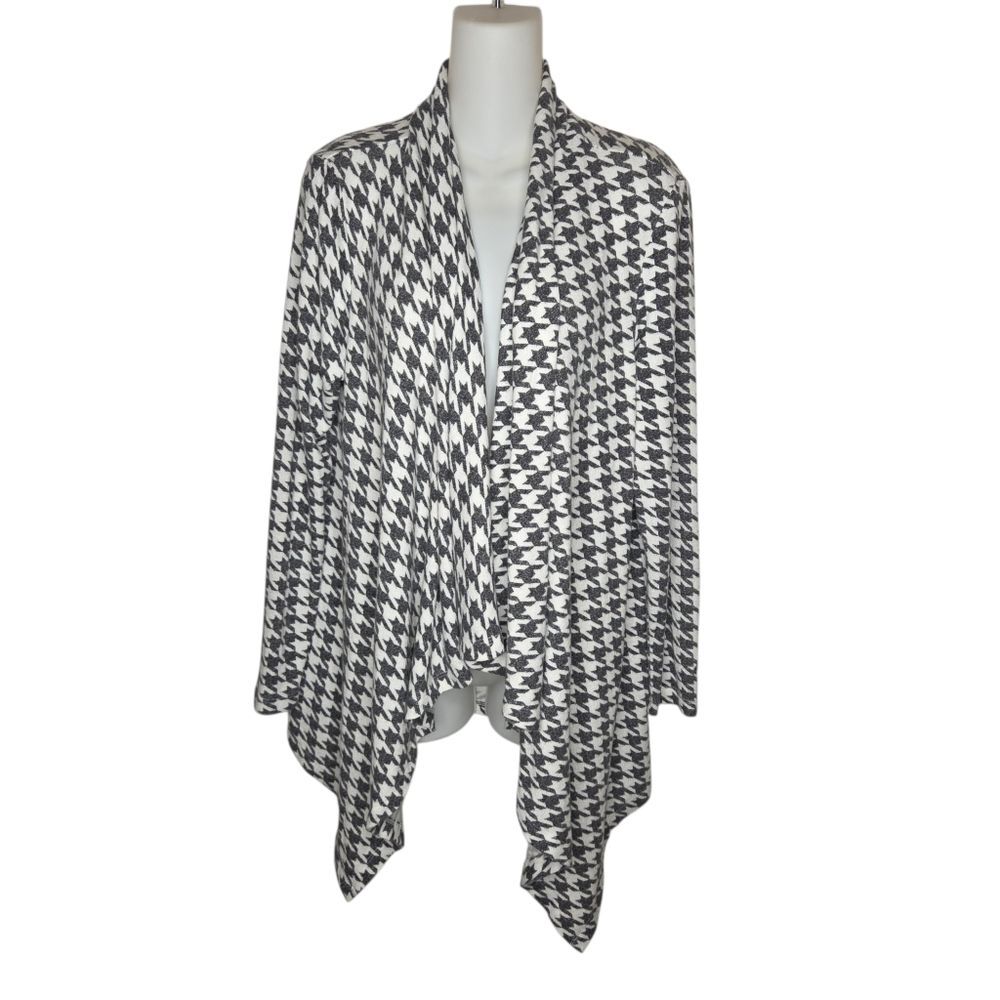 Bobeau Gray & White Houndstooth Open-Front Drape Cardigan, Size Large